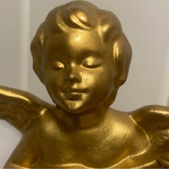 Vintage gold cherub figurine winged angel boy playing instrument small statue - Picture 2 of 15